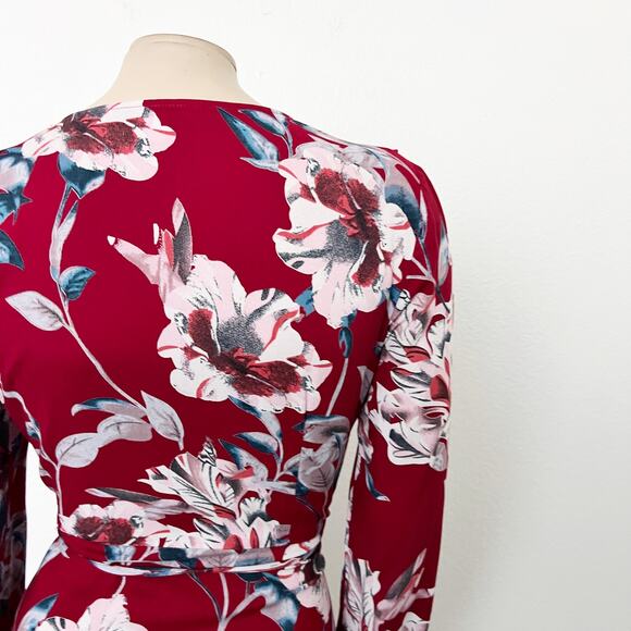 [ModCloth] Sunny Girl Red Floral Print Long Sleeve V-Neck Wrap Midi Dress Sz 10 - Picture 6 of 10